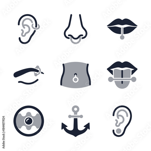 Simple Graphic Body Piercing Placement and Jewelry Style Icon Set