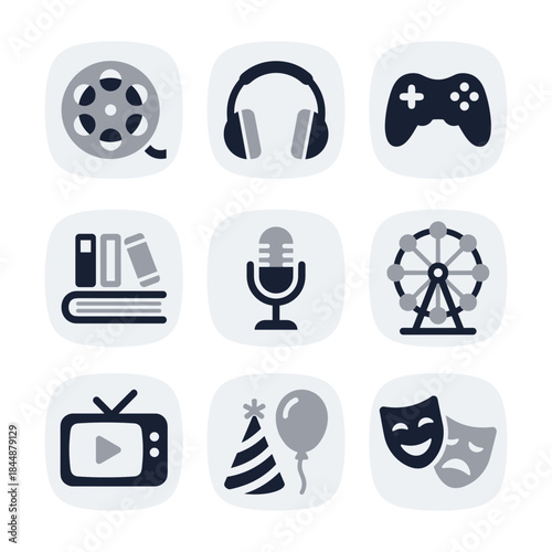 Minimalist Rounded Entertainment and Culture Icons Set on Soft Background