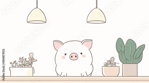 Adorable Piglet Illustration with Plants and Soft Lighting.