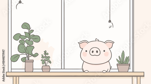 Charming Piglet Gazing Out Window Surrounded by Plants.