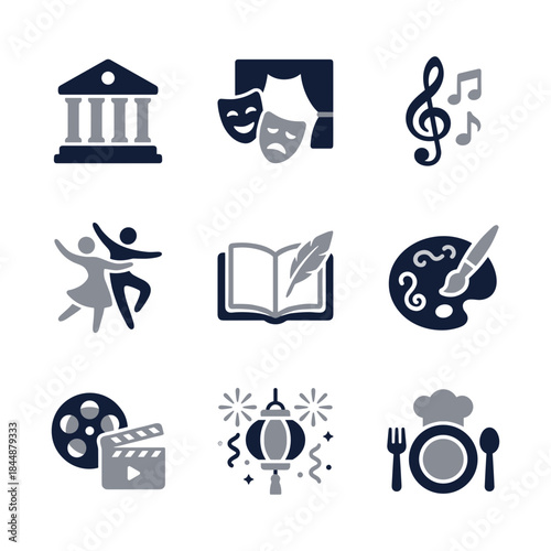 Modern Glyph Art and Culture Icon Set Representing Various Creative Activities