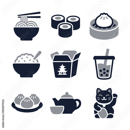 Flat Two Color Asian Food and Beverage Icon Set Collection
