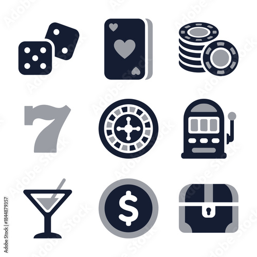 Flat Style Casino Element Icon Set with Dice and Playing Card