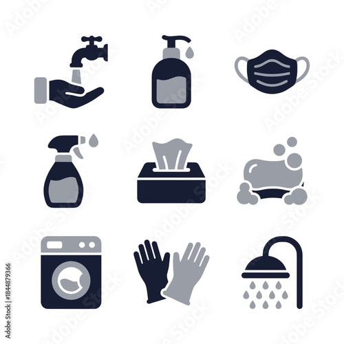 Modern Dual Tone Hygiene and Sanitation Symbol Flat Design Illustration Set