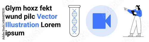 Scientist with clipboard points to video icon and test tube, showing DNA strand inside. Ideal for education, science communication, genetics, multimedia content, e-learning, medical technology