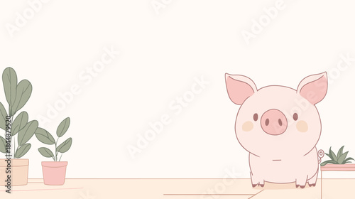 Charming Cartoon Pig Illustration with Indoor Plants and Soft Colors.