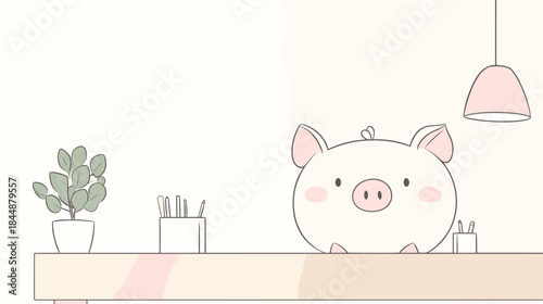 Charming Piggy Bank Illustration with Desk and Plant Accents.