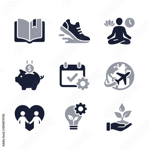 Modern Two Color Lifestyle and Self Improvement Related Glyph Icon Set