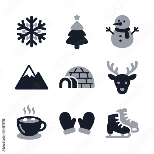 Minimalist Winter Holiday Icon Set Collection with Snowflakes and Seasonal Symbols