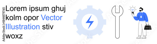 Technology, innovation, problem-solving, maintenance, creativity, electrical engineering. Gear with bolt, wrench man holding lightbulb. Technology and innovation ideas visually