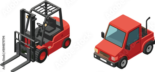 Isometric Red Forklift and Pickup Truck Vector Illustration for Warehouse, Logistics, Transport, Delivery, Industrial, Cargo, Utility, Vehicle Use