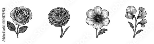 Romantic vintage flowers engraving icons set