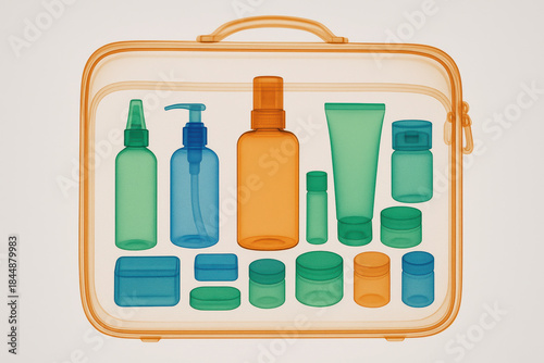 Transparent travel toiletry bag with assorted refillable bottles and containers for personal care essentials