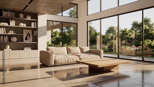 Modern Living Room Interior Design with Sunlight Through Large Windows and Beige Sofa