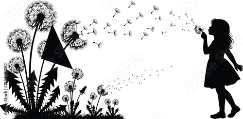 Girl blowing dandelion seeds in silhouette with floating flowers symbolizing wishes, nature, childhood, motion, and peaceful beauty.