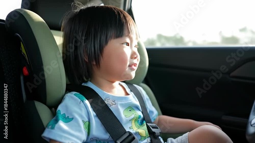 Cute happy Asian toddler boy sitting in a safety car seat looking out the window during a family road trip