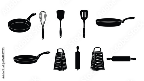 A collection of black silhouette icons representing various kitchen tools and cooking utensils