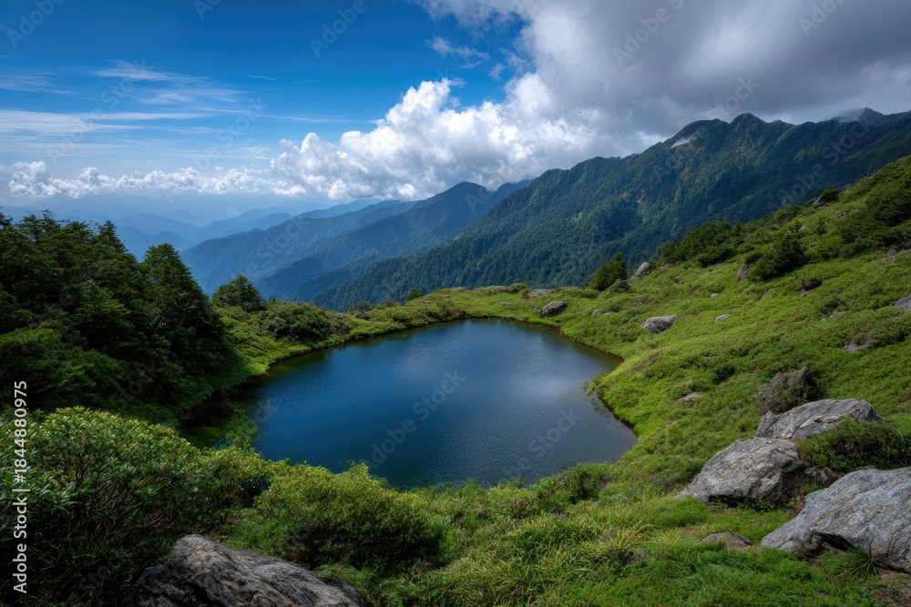 Fototapeta premium Mountain lake surrounded by green hills with rocks forests under cloudy blue sky