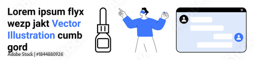 Digital marketing, virtual communication, healthcare , online messaging, medical tools, and user interfaces. chat bubble, dropper bottle and person with VR headset. Virtual communication and digital