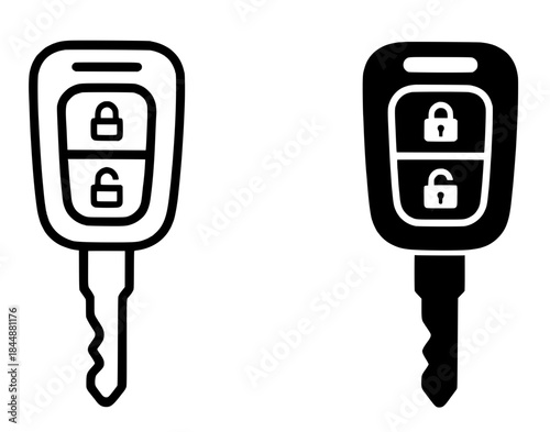 Spare parts icon, car key illustration, black and white, outline and silhouette versions