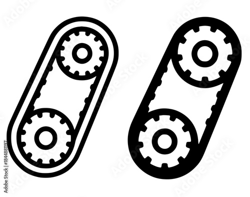 Spare parts icon, timing belt illustration, black and white, outline and silhouette versions