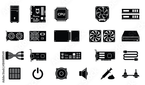 PC Computer Components Detailed Vector Outline Art Illustration Set