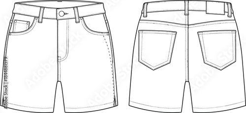 Men denim shorts technical drawing, front and back view, fashion flat sketch, apparel cad drawing flat vector illustration, template design