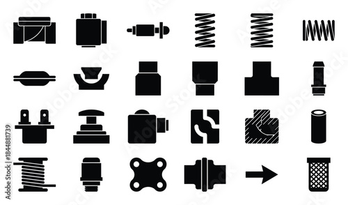 Technical Line Art Illustration of Various Mechanical Components Set Design