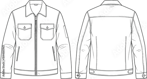 Men zip jacket technical drawing, front and back view, fashion flat sketch, apparel cad drawing flat vector illustration, template design