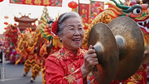 Woman in traditional Chinese attire holding a large gong during a vibrant Lunar New Year parade with dragon dancers in the background.