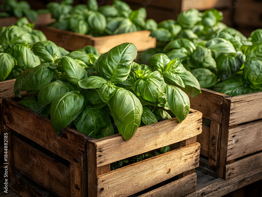 Fototapeta premium Fresh basil plants in rustic wooden crates, showcasing vibrant green leaves in a market setting