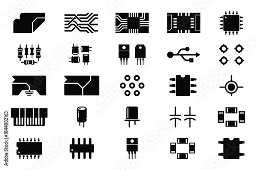 Electronic Components Vector Illustrations, Circuit Board Line Art Icons Set