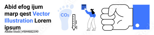 Environmental awareness, emission reduction, global warming, ecological footprint, carbon tracking, sustainability efforts. Footprint with CO2, thermometer person reading data fist icon. Climate
