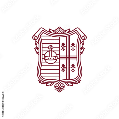 Ornate heraldic crest featuring a crown, cross, and fleur-de-lis symbols, representing historical culture and religion.