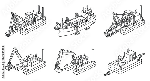Detailed Line Art Illustrations of Various Dredging Vessels and Machinery