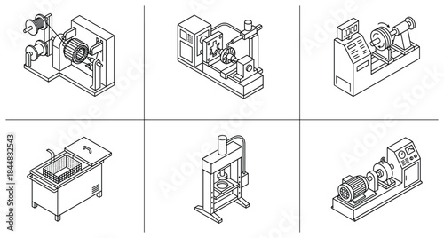 Technical Line Art Illustrations of Various Industrial Equipment Set