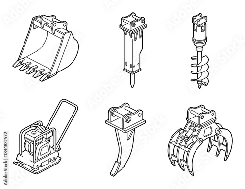 Excavator Attachments: Detailed Black and White Line Art of Machinery Tools
