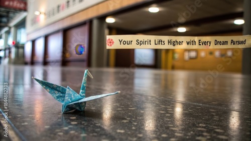 A delicate blue origami crane rests on a polished stone floor with an inspirational quote nearby