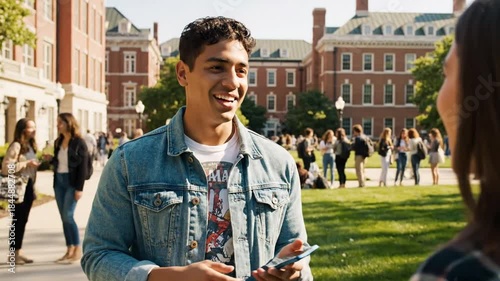 Young man on campus talking to a woman holding a phone.