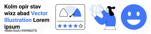 Customer ratings, team productivity, quality control, client satisfaction, performance reviews, user experience. Rating gauge, woman holding charts smiling face. Customer ratings and team