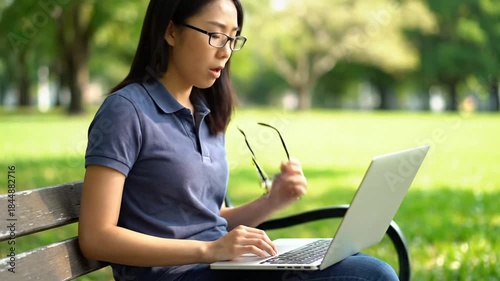 Woman working on laptop outdoors, surprised expression, park setting, technology use.