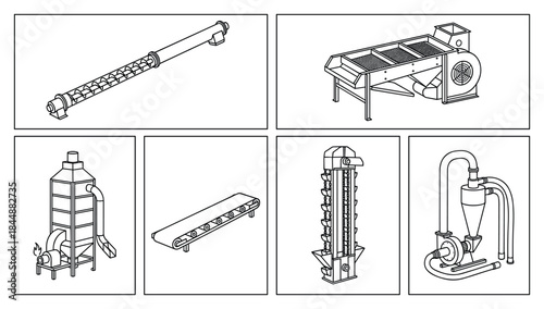 Line Art: Industrial Machinery and Equipment Outlines in Technical Drawing Style