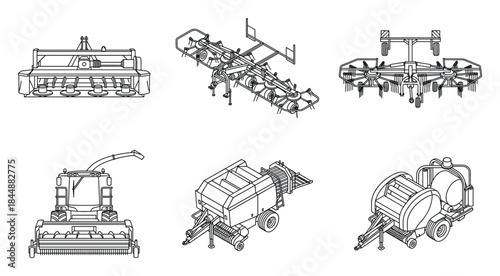 Detailed Line Art Agricultural Machinery Vector Illustration Collection