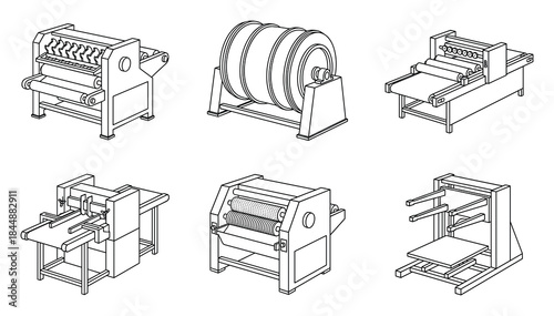 Line Art: Industrial Machinery Outlines Set, Detailed Technical Illustrations
