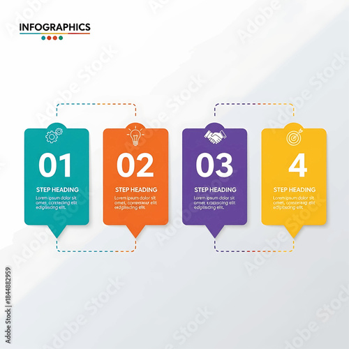 Step-by-step infographic template with four numbered stages and icons for business presentations or strategy planning