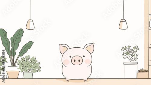 Adorable Pig Illustration in a Cozy Indoor Setting.