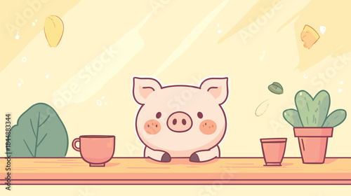 Charming Piglet Illustration with Plants and Warm Aesthetic.