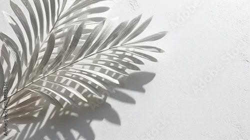 Softly lit palm frond casting delicate shadows on a textured surface, creating a serene and airy atmosphere