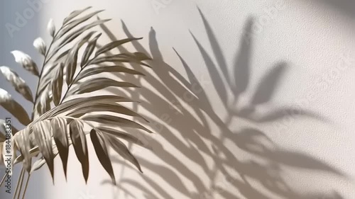 Elegant palm leaf silhouette casting beautiful intricate shadows onto a textured sunlit wall, capturing a tranquil and minimalist natural design