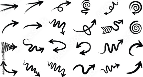 Hand Drawn Grunge Arrow Set Featuring Brush Stroke Textures and Curved Designs Vector Illustration